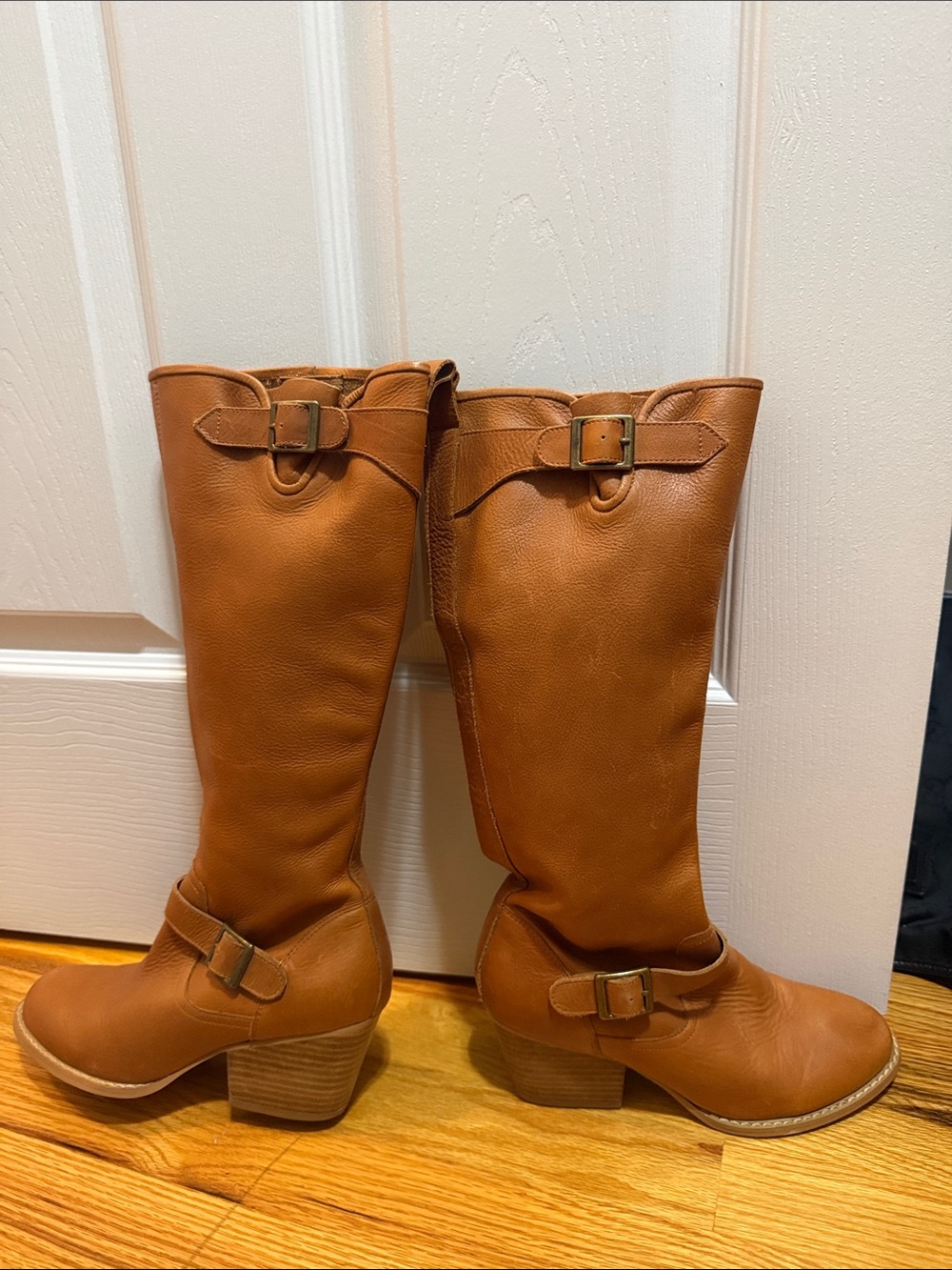Anthropologie Buckle Mid-Calf Heeled Boots - Tan